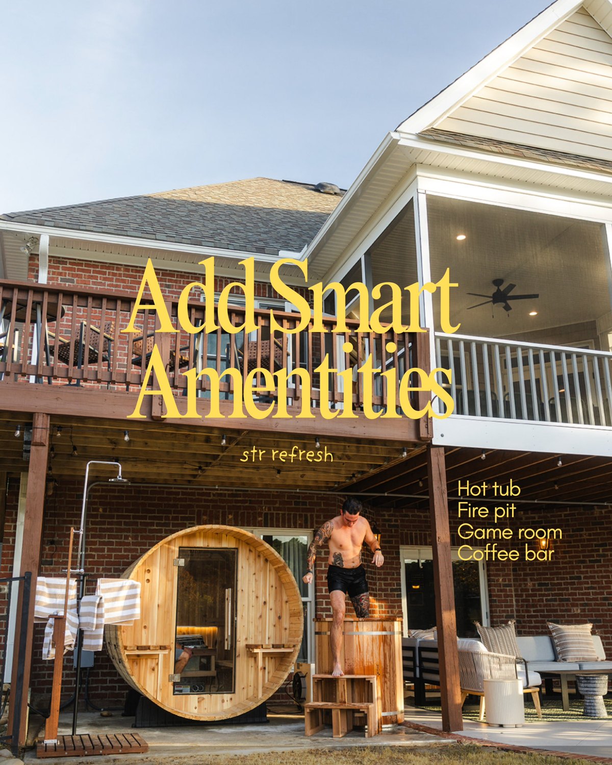 Smart amenities slide listing a hot tub, fire pit, game room and coffee bar.