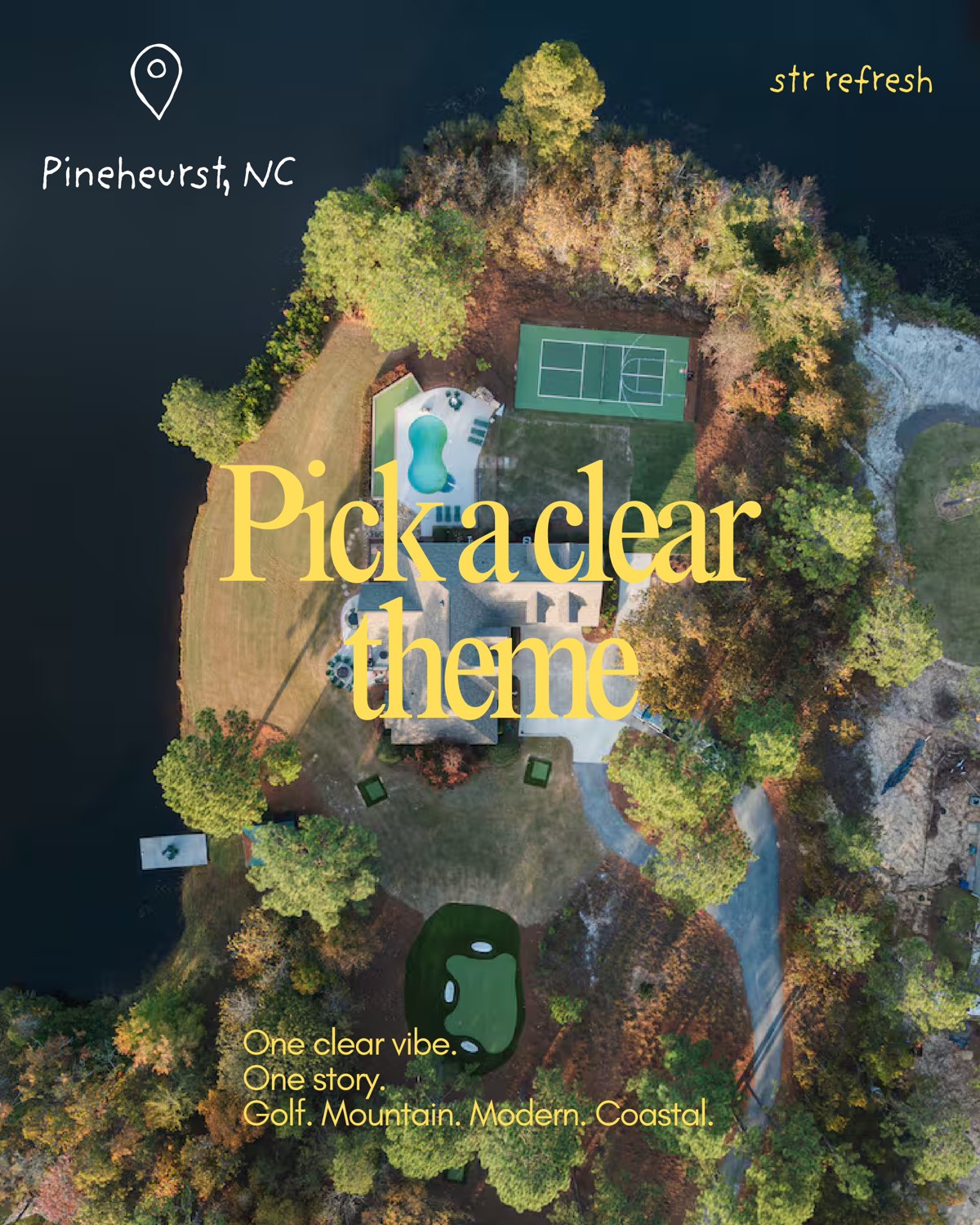 Pinehurst Homestead waterfront aerial showing the pool, sports court and putting green for a clear golf theme.